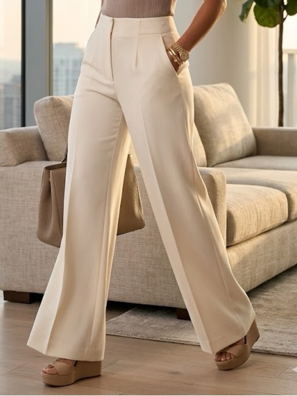 Jennifer Lopez Cream Wide-Leg Dress Pants